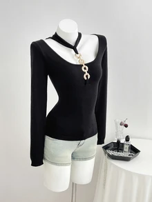 Elamini Women's Metal Decor Long Sleeve Fitted Elegant Sweater - Black - View 3