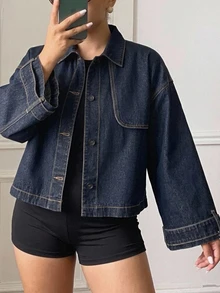 Dazy Plus Autumn Loose Fit Batwing Sleeve Denim Jacket With Turn-Down Collar, Contrast Stitching And Pocket, Casual Commute Streetwear Outerwear - Dark Wash - View 3
