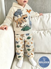 男嬰連帽長袖衛衣與長褲休閒舒適套裝，經典酷炫侏羅紀恐龍圖案印花，酷炫卡通手繪恐龍圖案印花，適合秋冬穿著 - 彩色 - 查看 1