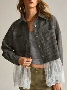 Women's Vintage Plaid Contrast Lace Blouse - Army Green - View 5