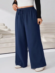 Solflare Casual Versatile Solid Color Loose Plus Size Pants - Navy Blue - View 6