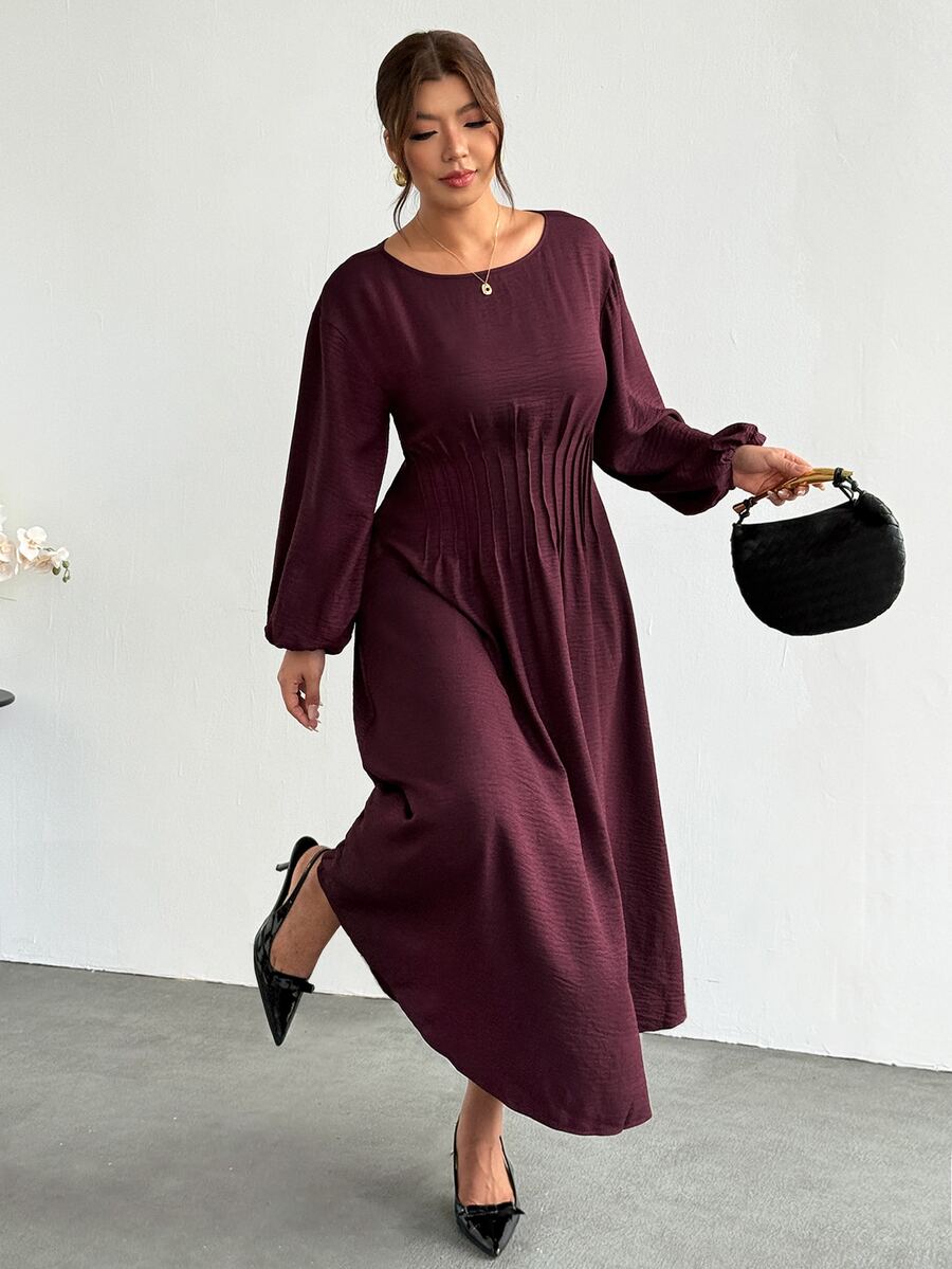 Firerie Plus Size Vintage Fashion Ruched Waist Long Sleeve Dress - Red Violet - View 1