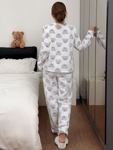 Napfluff Women's Cute Bear Soft Plush Long Sleeve & Long Pants Pajama Set - White - View 3