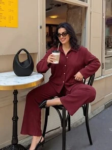 Elaquor Plus Size Ribbed Single-Breasted Long Sleeve Top And Loose Pants 2 Pieces Set - Burgundy - View 5