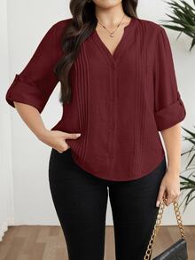 Modelyn Plus Size Women Solid Color Rolled Sleeve Notch V-Neck Blouse - Burgundy - View 8