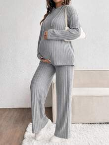 SHEIN 孕婦純色羅紋長袖抽繩連帽上衣與長褲休閒兩件套 - 灰色 - 查看 1