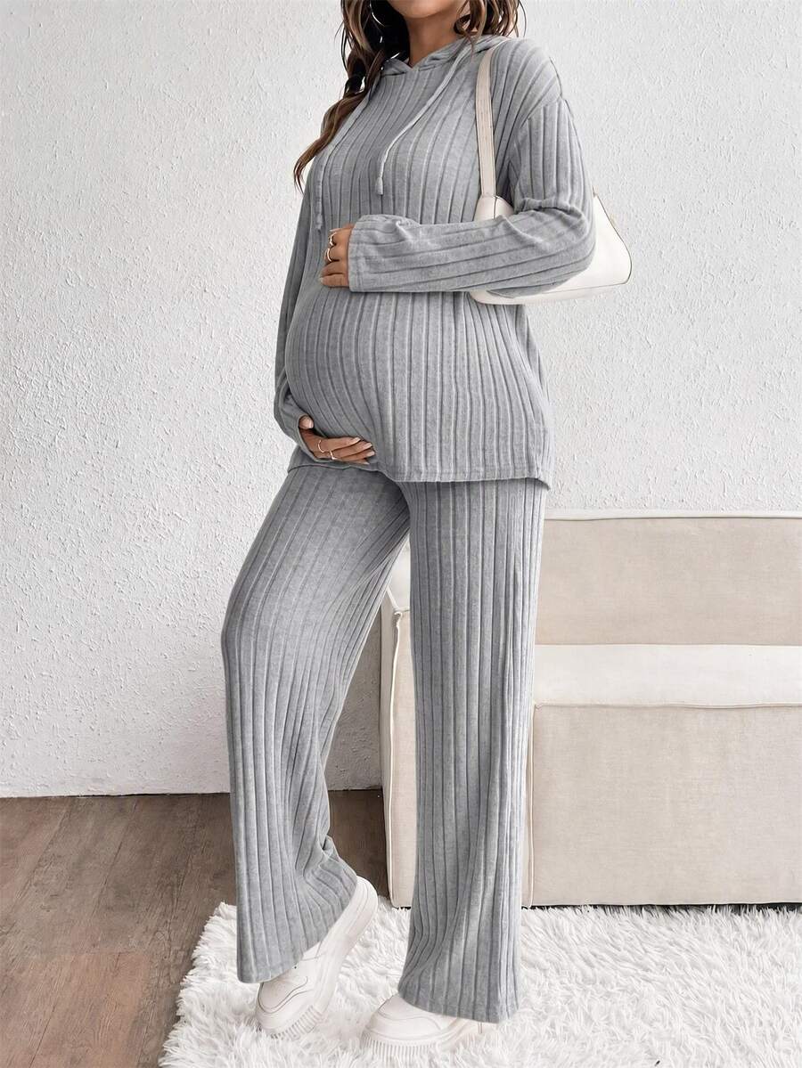 SHEIN 孕婦純色羅紋長袖抽繩連帽上衣與長褲休閒兩件套 - 灰色 - 查看 1