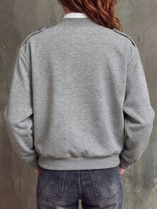 SHEIN American Retro Button Decor Grey Sweatshirt Fabric Baseball Collar Zip-Up Casual Short Jacket - Grey - View 3