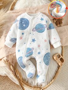 SHEIN Vintaside Kids 2件組新生兒男嬰女嬰連身衣褲套裝，可愛甜美白色藍色星星抓絨拉鍊長袖圓領加厚連腳款，附帽子，適合冬季聖誕節與秋季假期 - 藍白色 - 查看 3