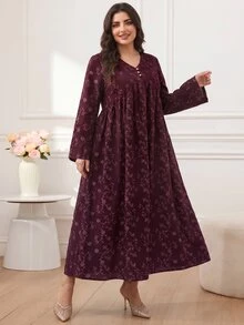 Al Najma Plus Size Women's Arabic Botanical Print Long Sleeve Button Design Dress - Multicolor - View 3