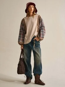 SHEIN Sweatshirt Patchwork Kotak-kotak Bergelombang Warna Aprikot | Kain Katun Nyaman | Model Longgar Vintage | Pakaian untuk Perjalanan Sehari-hari - Coklat - View 4