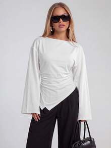 Avantive Women's Autumn Casual Solid Color Asymmetrical Hem Top - White - View 4