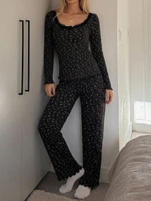 Livesso 2pcs/Set Sweet Floral Lace Collar Women's Pajama Set Fall - Black - View 3