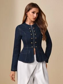 Selenza Jaket Denim Kasual Wanita Kancing Ganda, Musim Gugur - Dark Wash - View 6