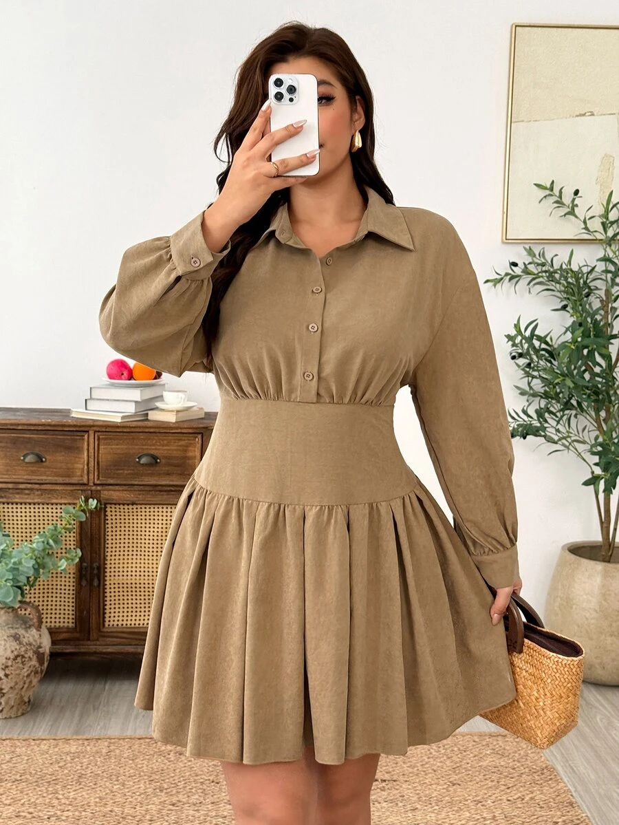 Weeklong Gaun Pendek Lengan Panjang Bahan Suede Imitasi dengan Pinggang Ramping Ukuran Plus untuk Musim Gugur - Coklat - View 1