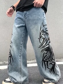 SHEIN 兒童青少年男孩休閒水洗寬腿牛仔褲 - 深色水洗藍 - 查看 4