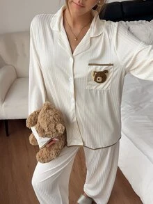 Napfluff Asian Apricot Knit Striped Cute Bear Patch Pocket Trim Long Sleeve Pants Loungewear Set - Apricot - View 7