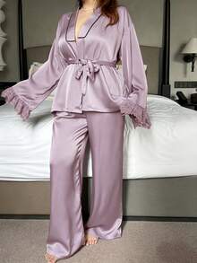 Dazy Plus Setelan Piyama Merah 2 Potong Elegan dengan Motif Garis-Garis Kontras Warna dan Hiasan Renda di Manset untuk Musim Gugur dan Tahun Baru - Mauve Purple - View 3