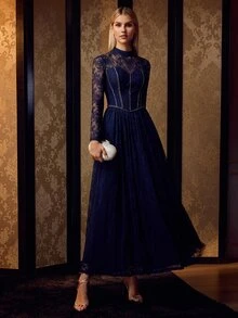 MOTF PREMIUM WOMEN'S ELEGANT MOCK NECK LONG SLEEVES LACE MAXI GOWN FOR FORMAL EVENING PARTY, WEDDINGS, GALAS - Navy Blue - View 5