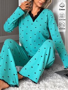 SHEIN Cotton Rib 2pcs Mint Heart Long Sleeve Contrast Lace Sleep Tee Long Pants Casual Lounge Pajama Set - Mint Green - View 7