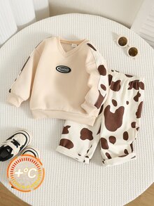 SHEIN 2件組嬰兒男孩女孩秋冬休閒奶牛印花套裝，衛衣與寬腿褲，嬰兒幼兒套裝 - 彩色 - 查看 3