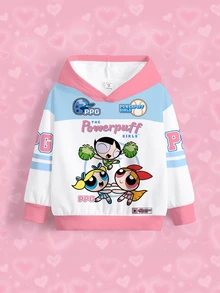 THE POWERPUFF GIRLS X SHEIN Young Girls Colorblock Patchwork Cartoon Print Hooded Sweatshirt - White - View 6