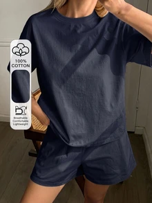 DAZY 夏季極簡風 100% 純棉休閒短袖上衣與短褲 2 件組女款居家服 - 藏蓝色 - 查看 4