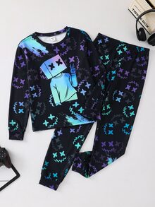 SHEIN 青少年男孩霓虹遊戲機圖案圓領長袖褲子休閒舒適修身居家睡衣套裝 2件組 - 彩色 - 查看 4