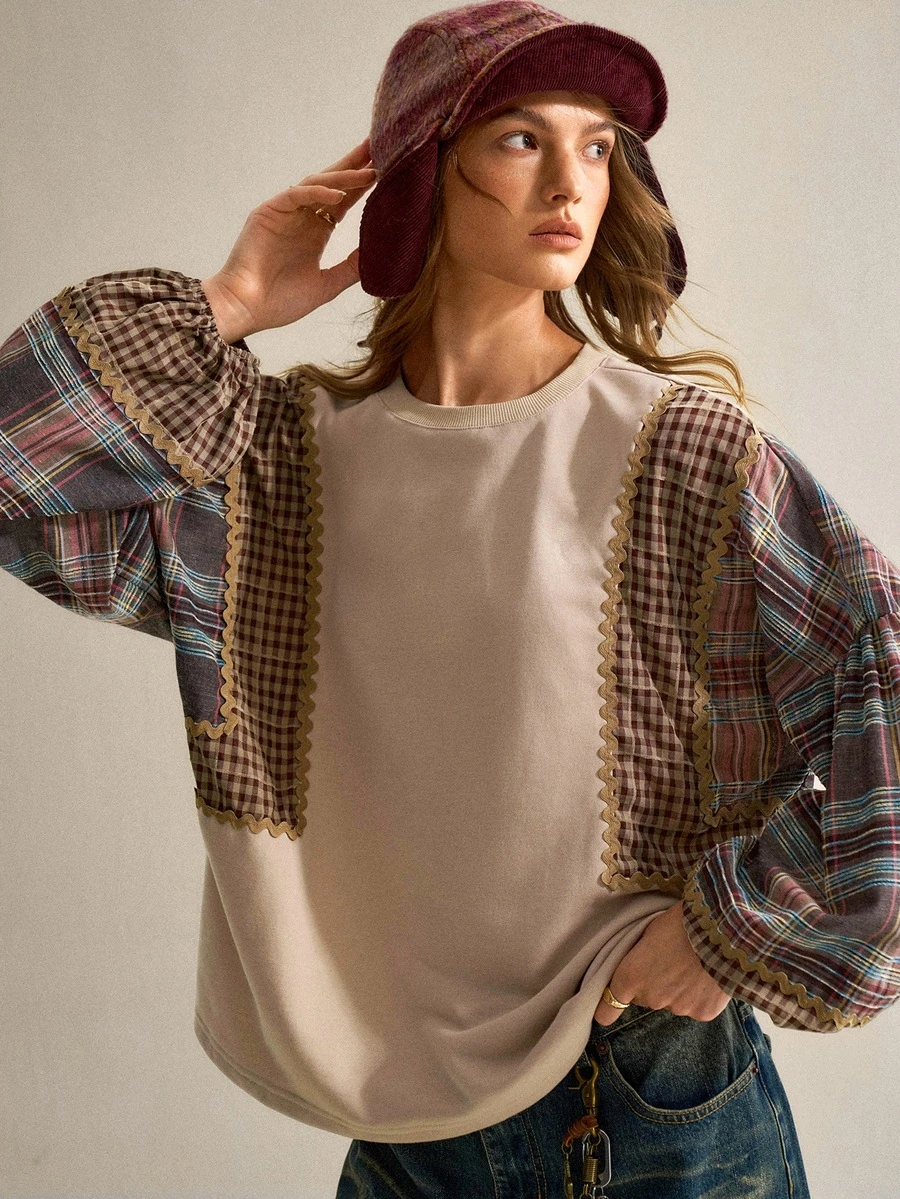 SHEIN Sweatshirt Patchwork Kotak-kotak Bergelombang Warna Aprikot | Kain Katun Nyaman | Model Longgar Vintage | Pakaian untuk Perjalanan Sehari-hari - Coklat - View 1