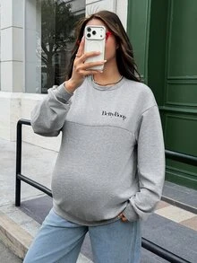 Lyckli Betty Boop x SHEIN Maternity Letter Cartoon Print Drop Shoulder Long Sleeve Casual Sweatshirt - Grey - View 4