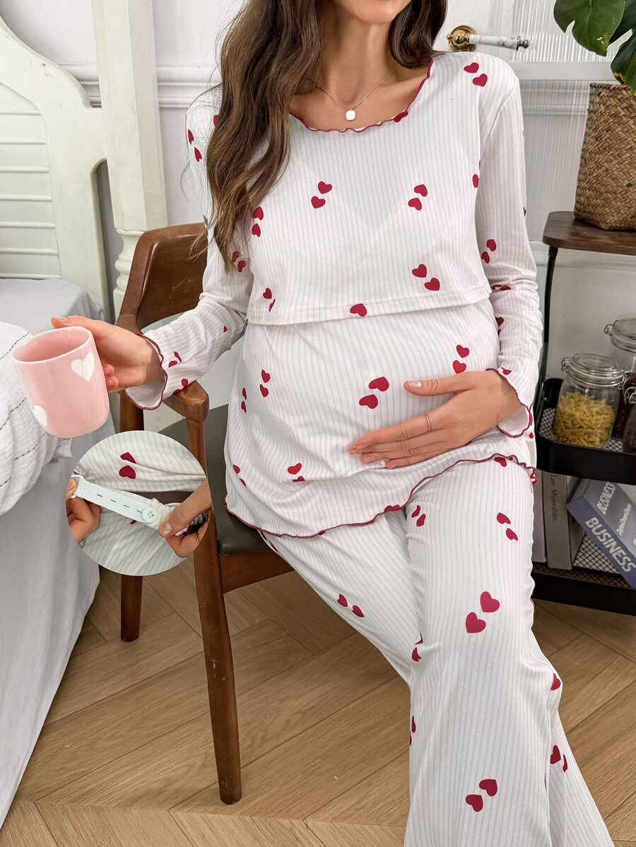 Moonlight&Mama Striped Heart Print Contrast Color Ruffle Trim Pullover Nursing Long Sleeve Top And Pants Maternity Pajama Set, Casual Home Wear - Multicolor - View 1