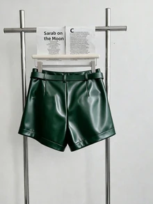 INAWLY 女款時尚通勤短褲附腰帶 - 墨綠色 - 查看 2
