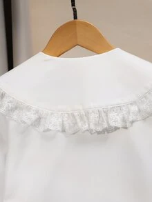 SHEIN 女童春秋泡泡長袖重工刺繡大領襯衫，可拆卸蝴蝶結裝飾，挺挺版型，秋季上衣 - 白色 - 查看 4