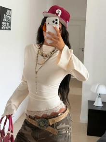 SHEIN Unity Elegant Street Wear Everyday Date Night Lace Patchwork Asymmetrical Hem Design Cinched Waist Beige Flare Long Sleeve T-Shirt Autumn - Apricot - View 8