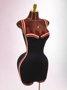 Amplova Women's Mini Bodycon Dress With Bust Detail, Underwire, Contrast Color, Flat Knit, Tight Fit And Bodycon - Black - View 7