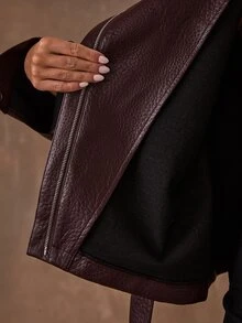 SHEIN BAE Jaket Kulit PU Wanita Warna Polos dengan Bahu Longgar, Lengan Panjang, dan Resleting Depan - Burgundy - View 8