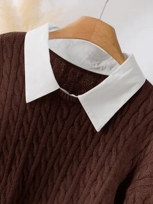 CosyJoli Sweater Lengan Panjang Kasual Harian Wanita Ukuran Plus dengan Motif Blok Warna - Chocolate Brown - View 5