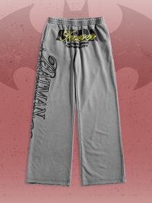 Batman X ROMWE Distressed Washed Knit Street Letter Print Casual Women's Sweatpants, Autumn/Winter - Light Grey - View 1