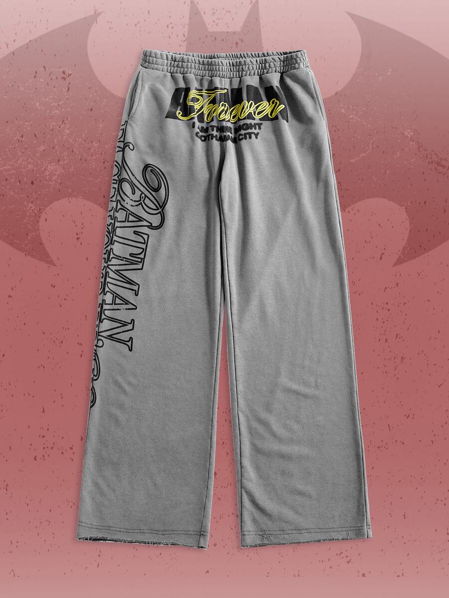 Batman X ROMWE Distressed Washed Knit Street Letter Print Casual Women's Sweatpants, Autumn/Winter - Light Grey - View 1