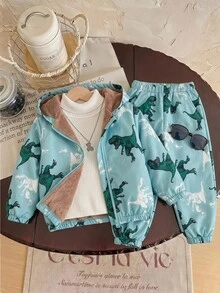 SHEIN 兒童 1件 小男孩卡通恐龍圖案長袖前開拉鍊保暖內裡連帽外套 - 彩色 - 查看 2