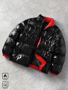 Manfinity Roghcode Mantel Lengan Panjang dengan Kantong Resleting dan Warna Kontras, Berbantalan, Musim Gugur/Musim Dingin, Hadiah untuk Teman - Hitam - View 1