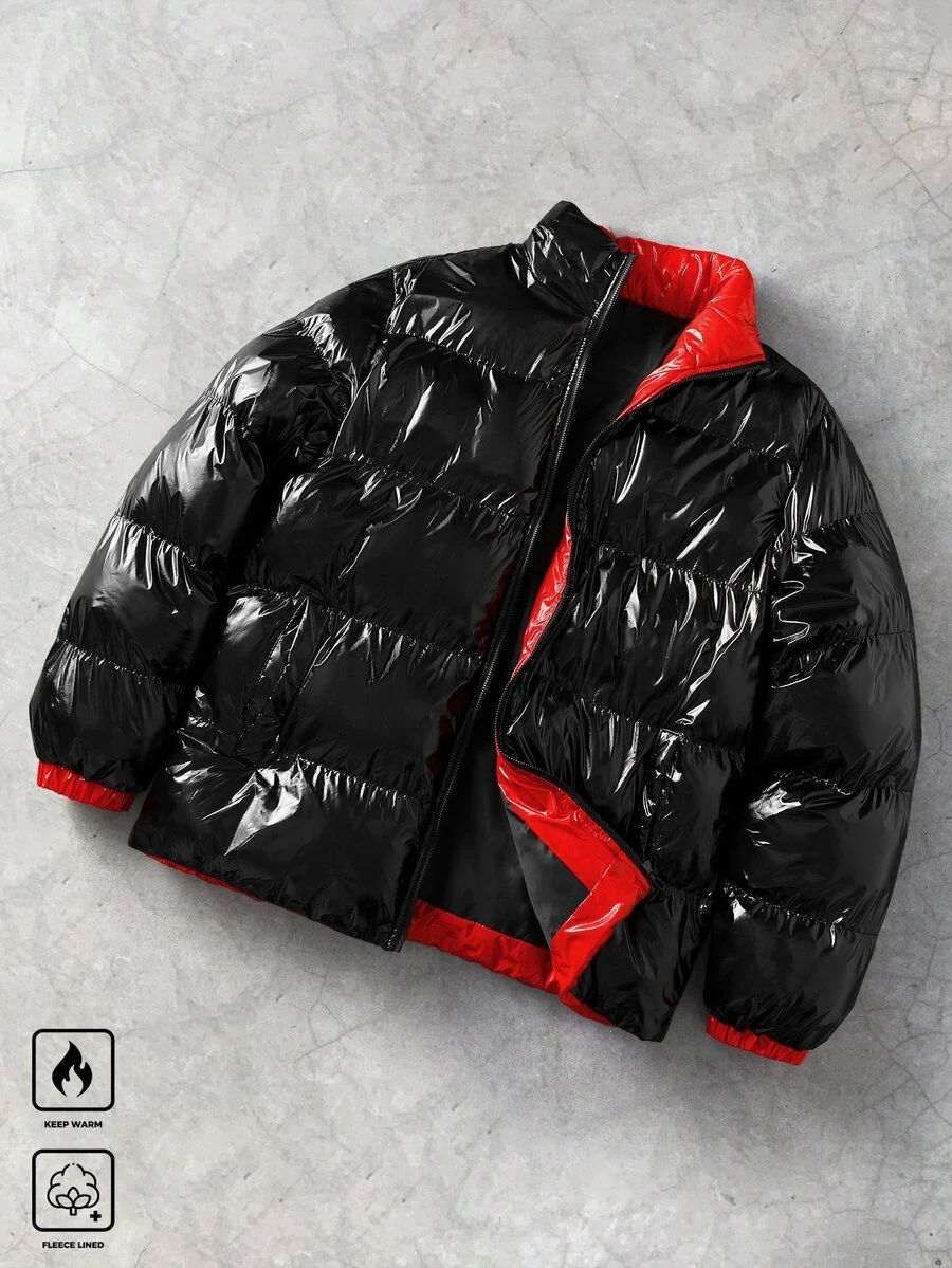 Manfinity Roghcode Mantel Lengan Panjang dengan Kantong Resleting dan Warna Kontras, Berbantalan, Musim Gugur/Musim Dingin, Hadiah untuk Teman - Hitam - View 1
