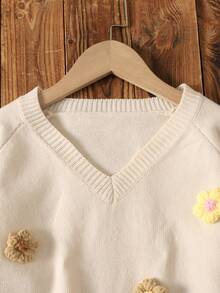 SHEIN Kids Tween Girl Tween Girls Tween Girl Apricot Pullover Knit Sweater, 3D Floral , Suitable For Autumn/Winter, Back To School, And Other Occasions - Apricot - View 5