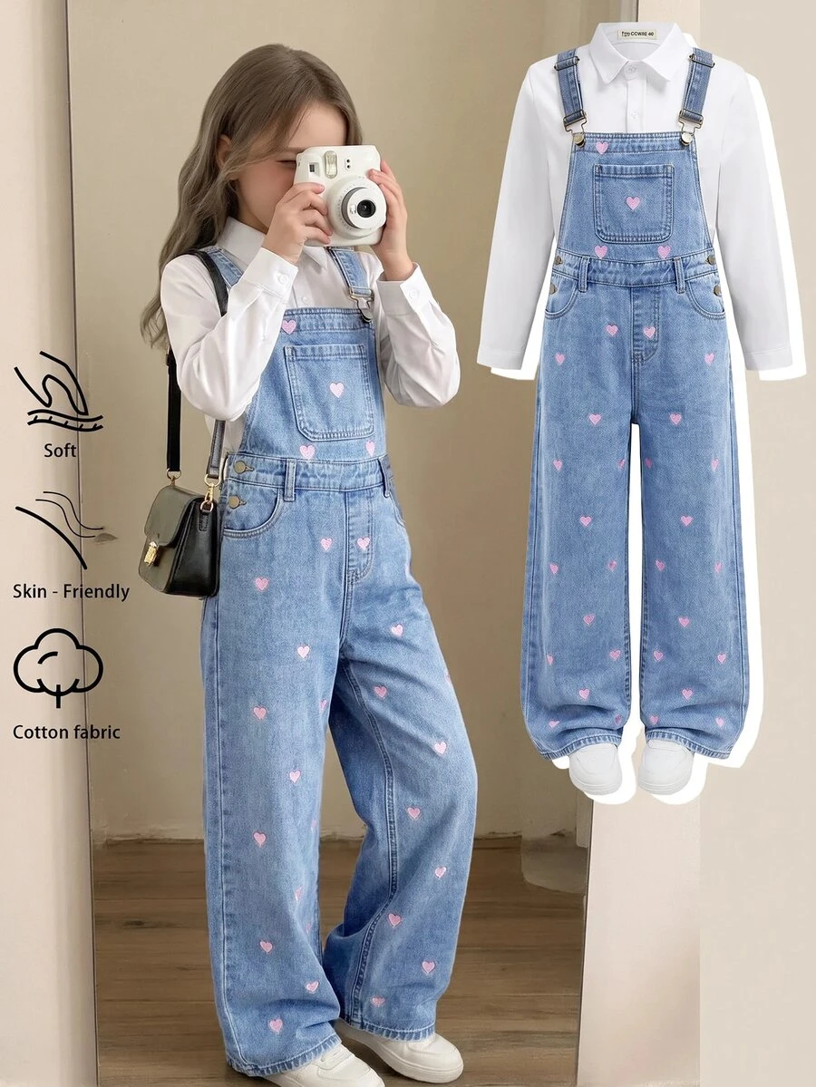 SHEIN 女童藍色牛仔寬鬆吊帶褲,愛心刺繡圖案 - 藍色 - 查看 1