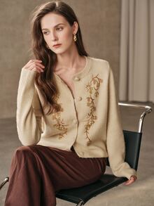 Anewsta Women's Elegant Winter Beaded Embroidery Decorated Knit Cardigan - Camel - View 5
