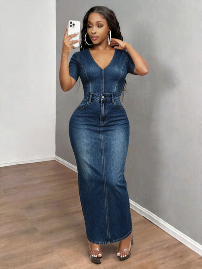 Eryvara Women's Sexy Casual Slim Fit Printed Short Sleeve Long Dress, Summer Club Night Out Navy Blue