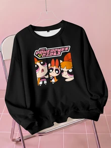 THE POWERPUFF GIRLS X SHEIN كنزة رياضية كاجوال يومية للنساء بمقاسات كبيرة، بياقة طاقم وطباعة حروف كرتونية، للخريف - أبيض - مشاهدة 1