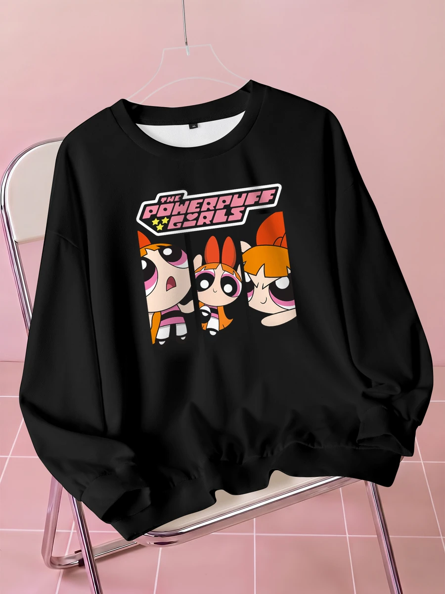 THE POWERPUFF GIRLS X SHEIN كنزة رياضية كاجوال يومية للنساء بمقاسات كبيرة، بياقة طاقم وطباعة حروف كرتونية، للخريف - أبيض - مشاهدة 1