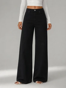 SHEIN Tall بنطلون جينز أسود طويل بخصر عالي وقصة عادية وأسلوب كاجوال وغسيل شطف وأزرار أمامية وقصة مستقيمة - الأسود - مشاهدة 1
