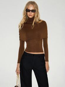 ATUI Studio Solid Color High Neck Fitted Shawl Sweater 2 Pieces Set - Brown - View 4